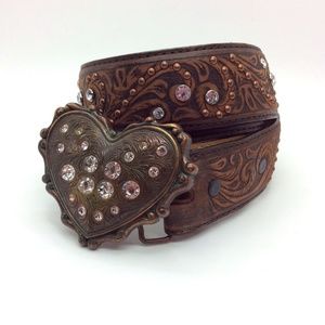 Justin Rhinestone Heart Buckle Brown Leather Belt